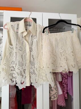Cream Lace Two-Piece Set - Sleeveless Button Shirt & Skirt and dresses